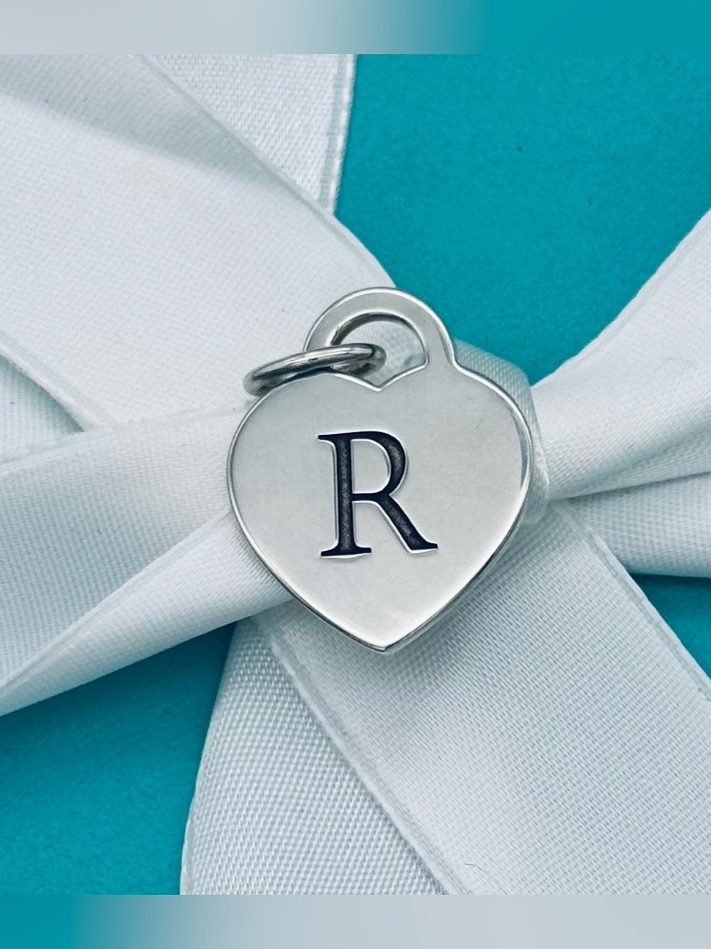Tiffany and Co Initial R Silver Heart Charm Pendant with Letter R